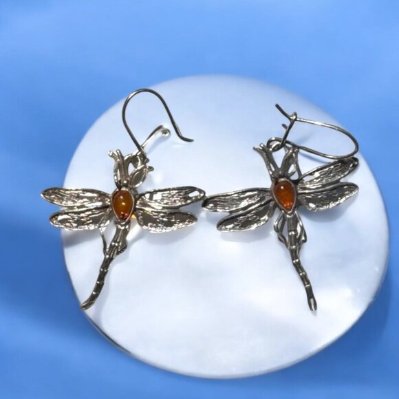 Dragonfly Amber & Sterling Silver 925 Vintage Dangle Earrings - Picture 5 of 9